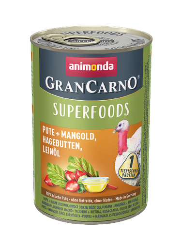 ANIMONDA GRANCARNO - SUPERFOODS TURKEY + CHARD, ROSEHIPS, LINSEED OIL CASE OF 6 WET CANNED DOG FOOD 400g