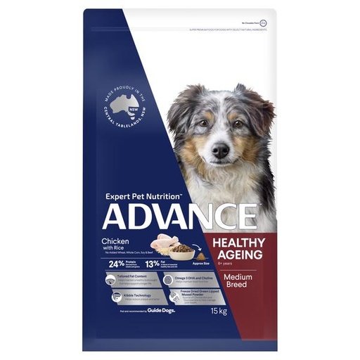 ADVANCE HEALTHY AGEING MEDIUM BREED CHICKEN &amp; RICE DRY DOG FOOD 15KG