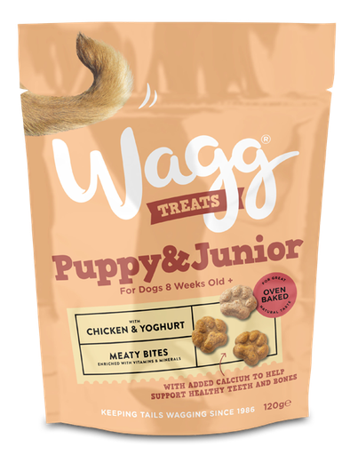 WAGG PUPPY &amp; JUNIOR MEATY BITES WITH CHICKEN &amp; YOGHURT OVEN BAKED DOG TREATS 120G