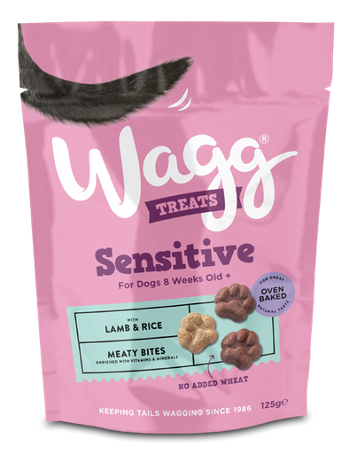 WAGG SENSITIVE MEATY BITES WITH LAMB &amp; RICE OVEN BAKED DOG TREATS 125G