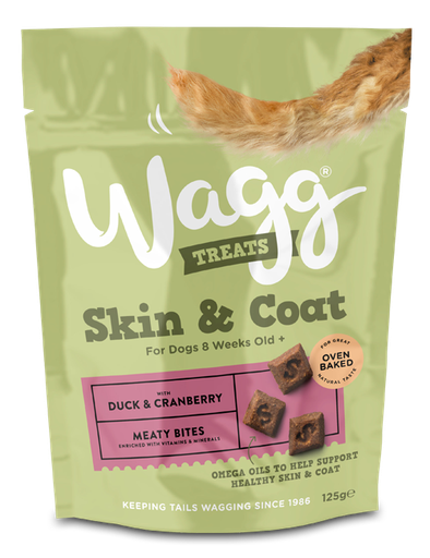 WAGG SKIN &amp; COAT MEATY BITES WITH DUCK &amp; CRANBERRY OVEN BAKED DOG TREATS 125G