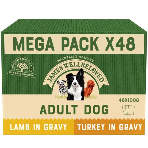 JAMES WELLBELOVED ADULT VARIETY PACK LAMB &amp; TURKEY POUCH OF 48 WET DOG FOOD 100g