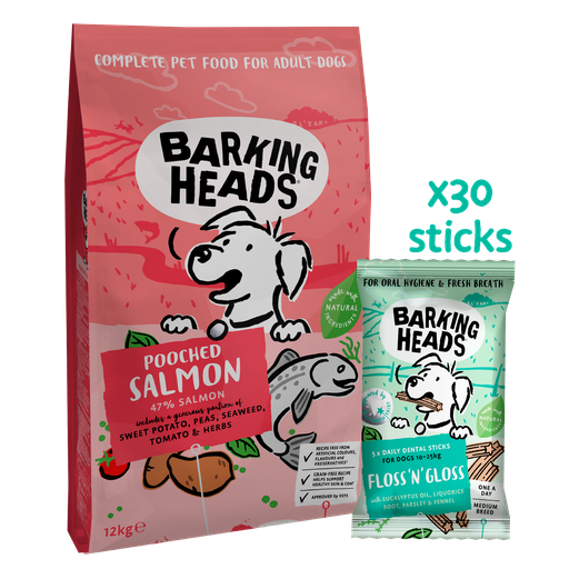 BARKING HEADS SALMON DINNER &amp; DENTAL PLAN COMPLETE ADULT DRY DOG FOOD 12KG