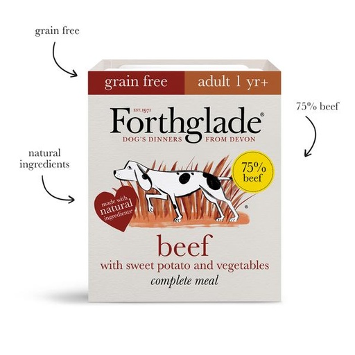 FORTHGALE Complete Meal Grain Free Beef With Sweet Potato &amp; Vegetables Natural Pack of 18 Wet Dog Food 395g