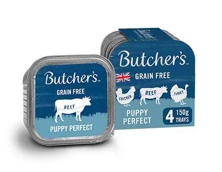 BUTCHERS PUPPY PERFECT CASE OF 24, 4 TRAYS GRAIN-FREE WET DOG FOOD 150G